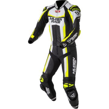 MUGENRACE Ibrido Black White Neon Yellow 2PC Leather Motorcycle Suit