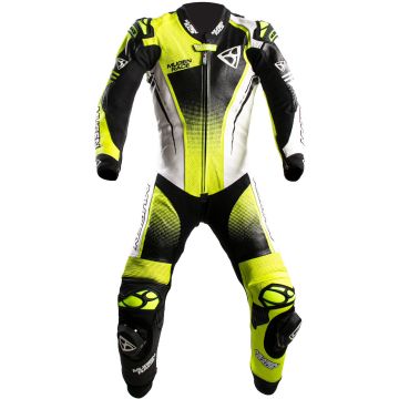 MUGENRACE Sidegun Zwart Wit Neon Geel Geperforeerd 1-Delig Motorpak