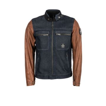 Helstons Winston Canvas Cotton Leren Jas Blauw Bruin    